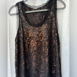 Brown Sequin Tank Top with Lace Detailing